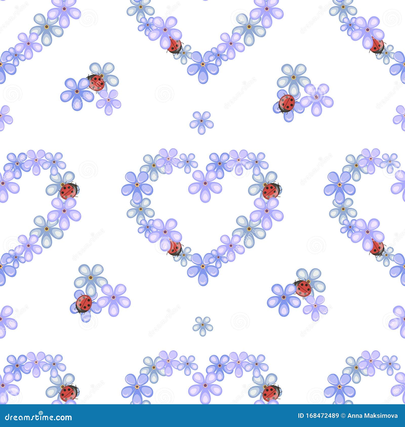 heart-d forget-me-not flowers and ladybugs